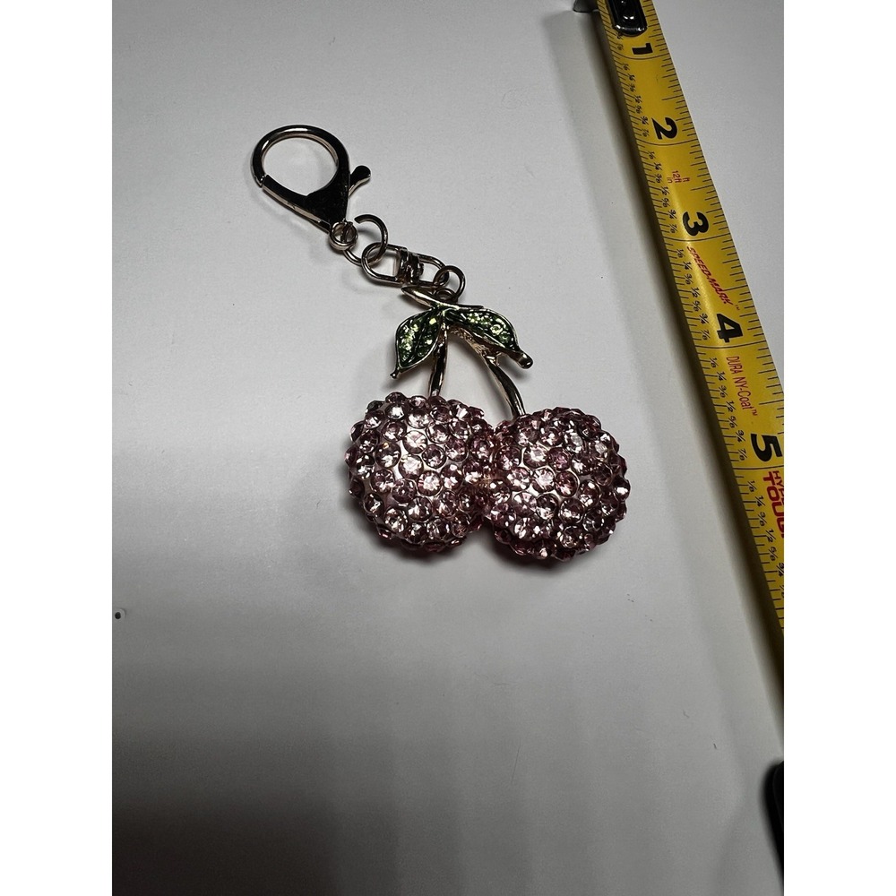 Sparkling Rhinestone Cherry Keychain, Bag Charm, Purse Charm Pink Green Gold